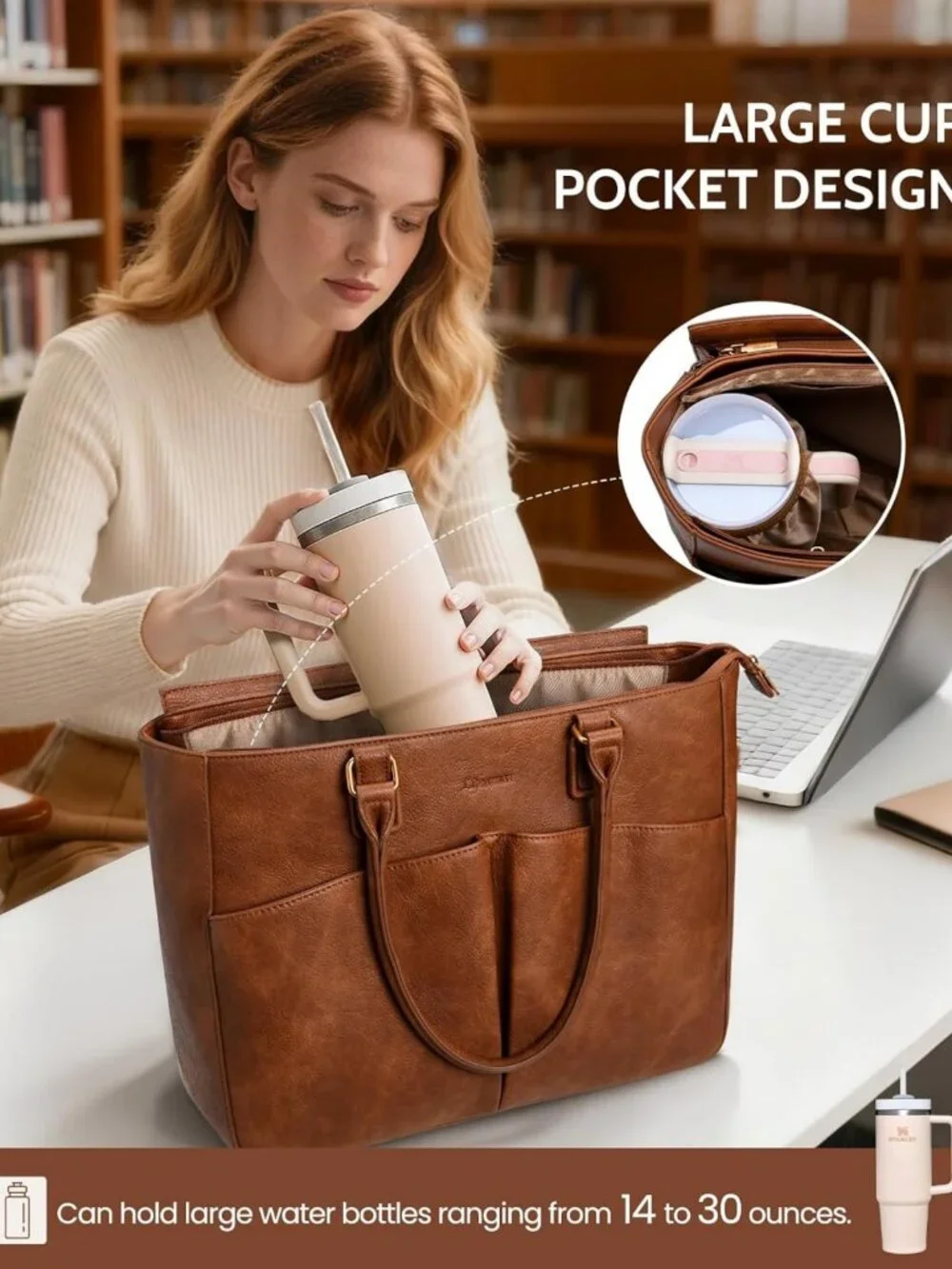 Stylish Leather Laptop Tote Bag for Women, Padded Compartment & Cup Holder, Work